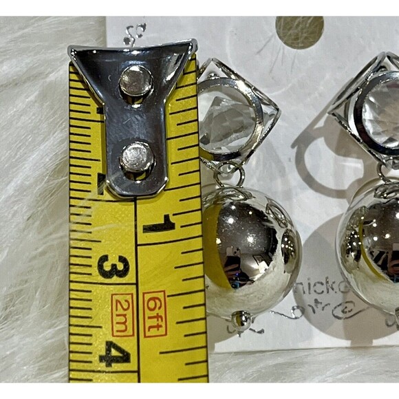 Chunky Silver Tone Dangle Ball & Faux Faceted Crystal Enclosed Gage Earrings - Picture 5 of 6